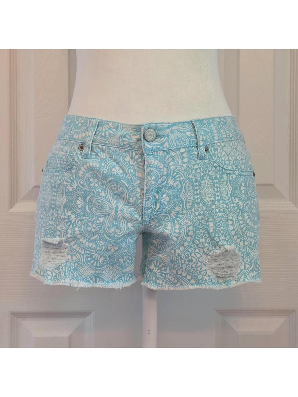 Blue Paisley Mandala Cut Off Denim Shorts Size 2 Y2K Boho Festival Beach Summer